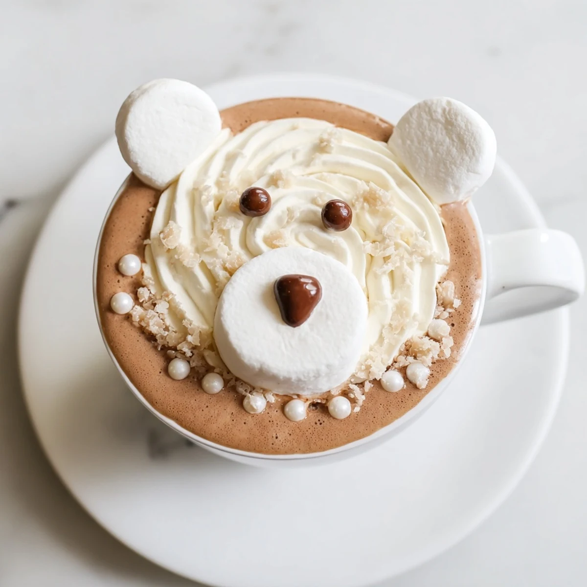 Steaming Polar Bear Hot Chocolate Platter, decadent with whipped cream and snowy coconut topping, ready to savor.