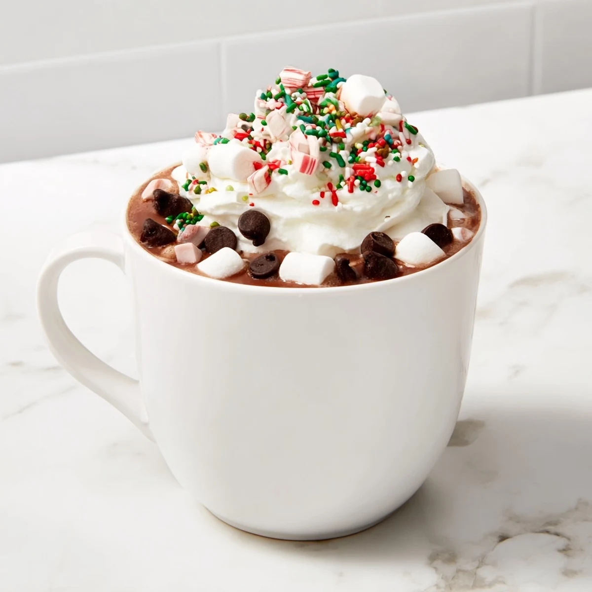 Festive Reindeer Hot Cocoa Bar, brimming with marshmallows, whipped cream and holiday sprinkles for enjoyment.