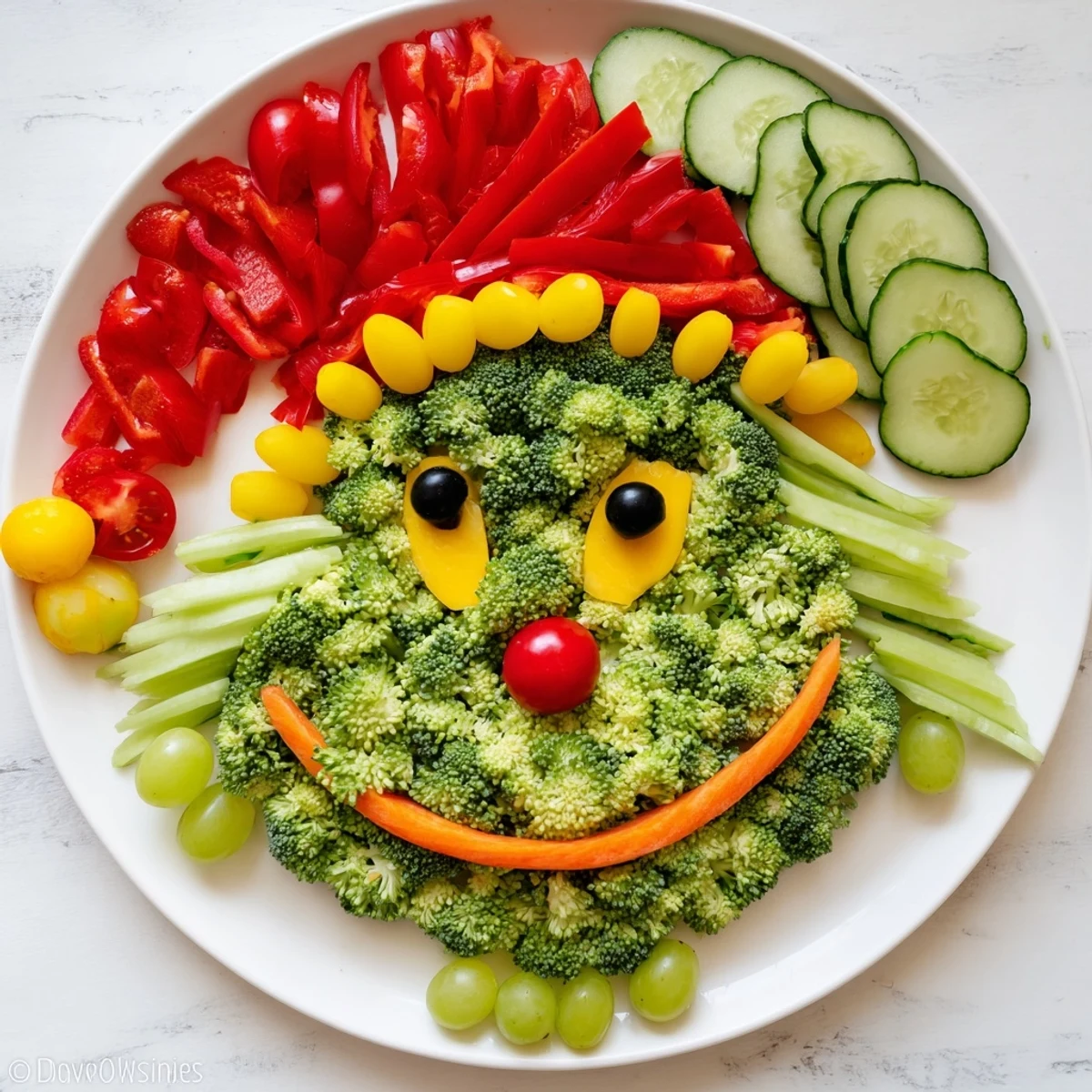 Festive Savory Crudités: Grinch Face appetizer featuring broccoli, sugar snap peas, and bright red tomatoes.