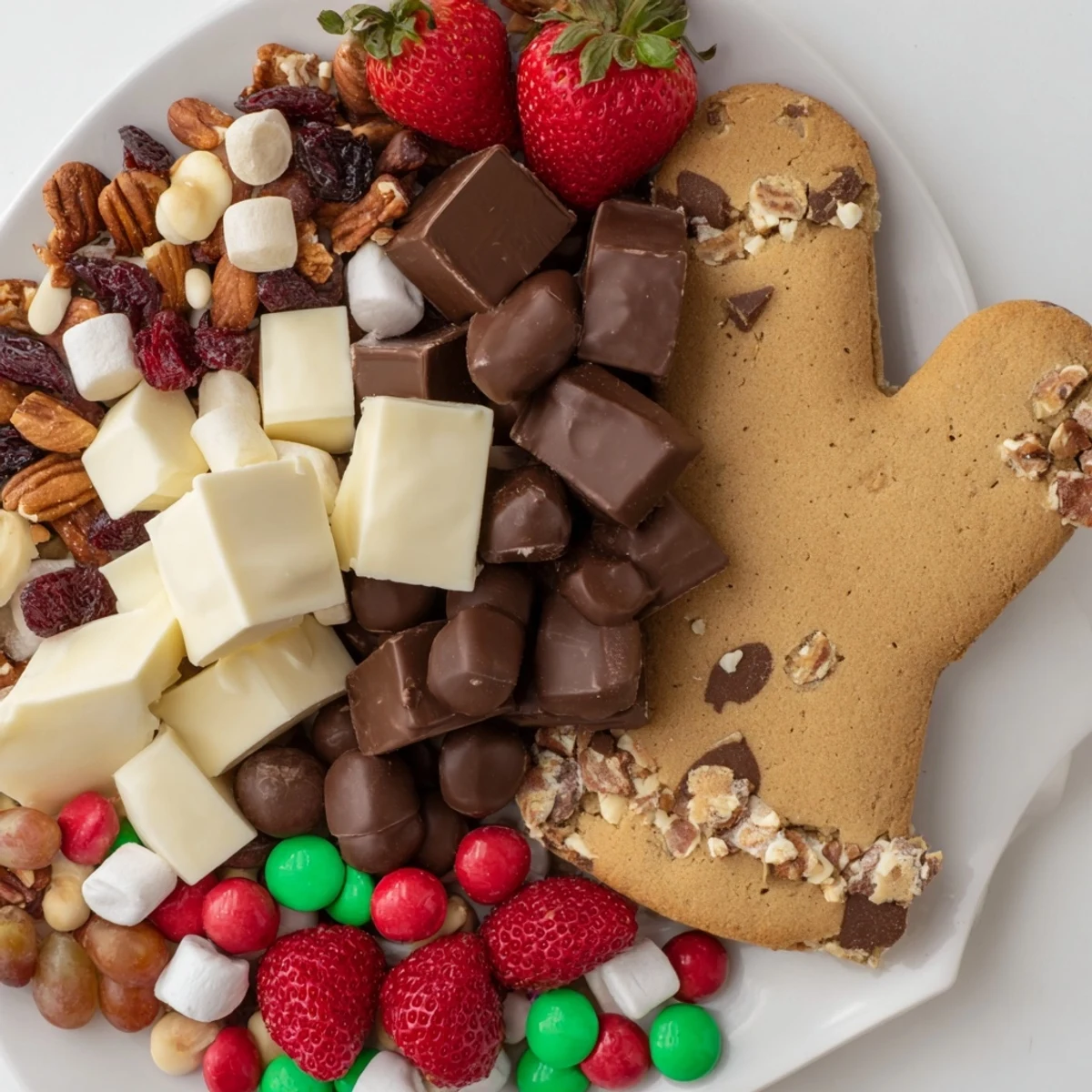 Festive Cozy Mitten Dessert Board overflowing with chocolates, candies, and cookies, perfect for holidays.