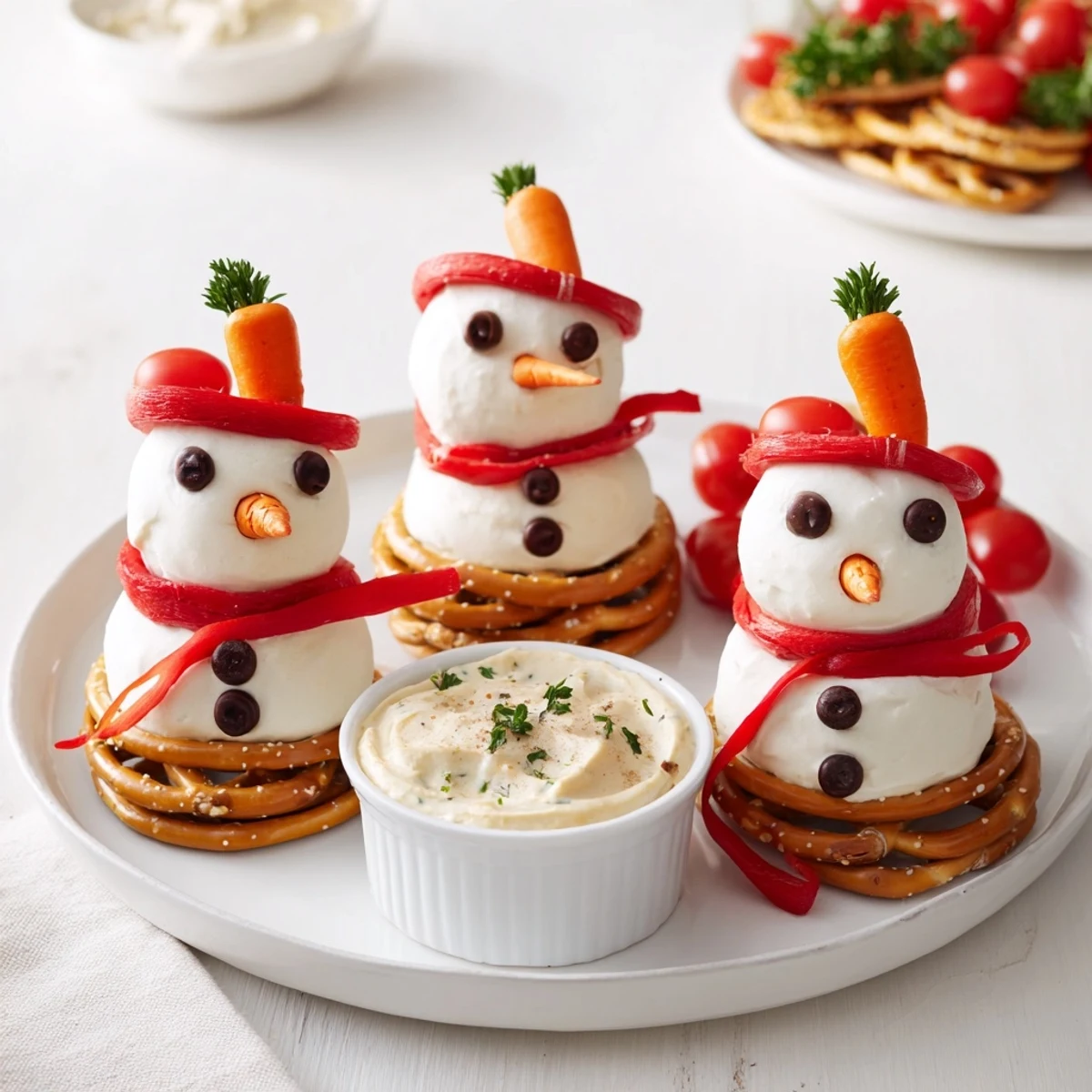 Snowman pretzel and dip platter arranged with pretzel snowmen and vibrant red bell pepper scarves.