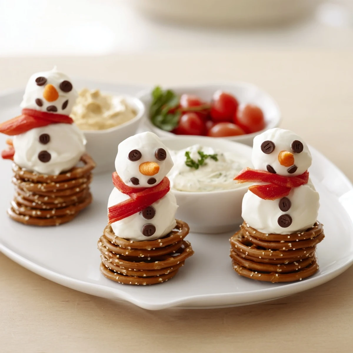 Festive snowman pretzel appetizer featuring creamy dips and cheerful mini chocolate chip faces.