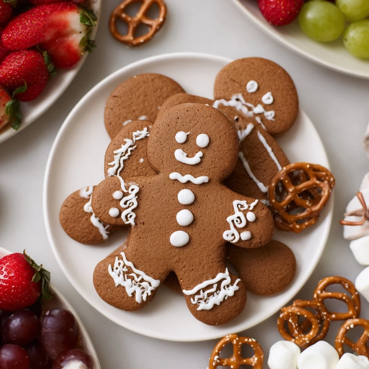 A close-up of a gingerbread man cookie board, ready for a holiday dessert spread, looks inviting.