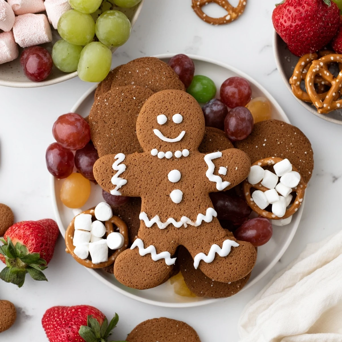 Gingerbread man cookie board overflowing with festive treats and delicious gingerbread cookies.