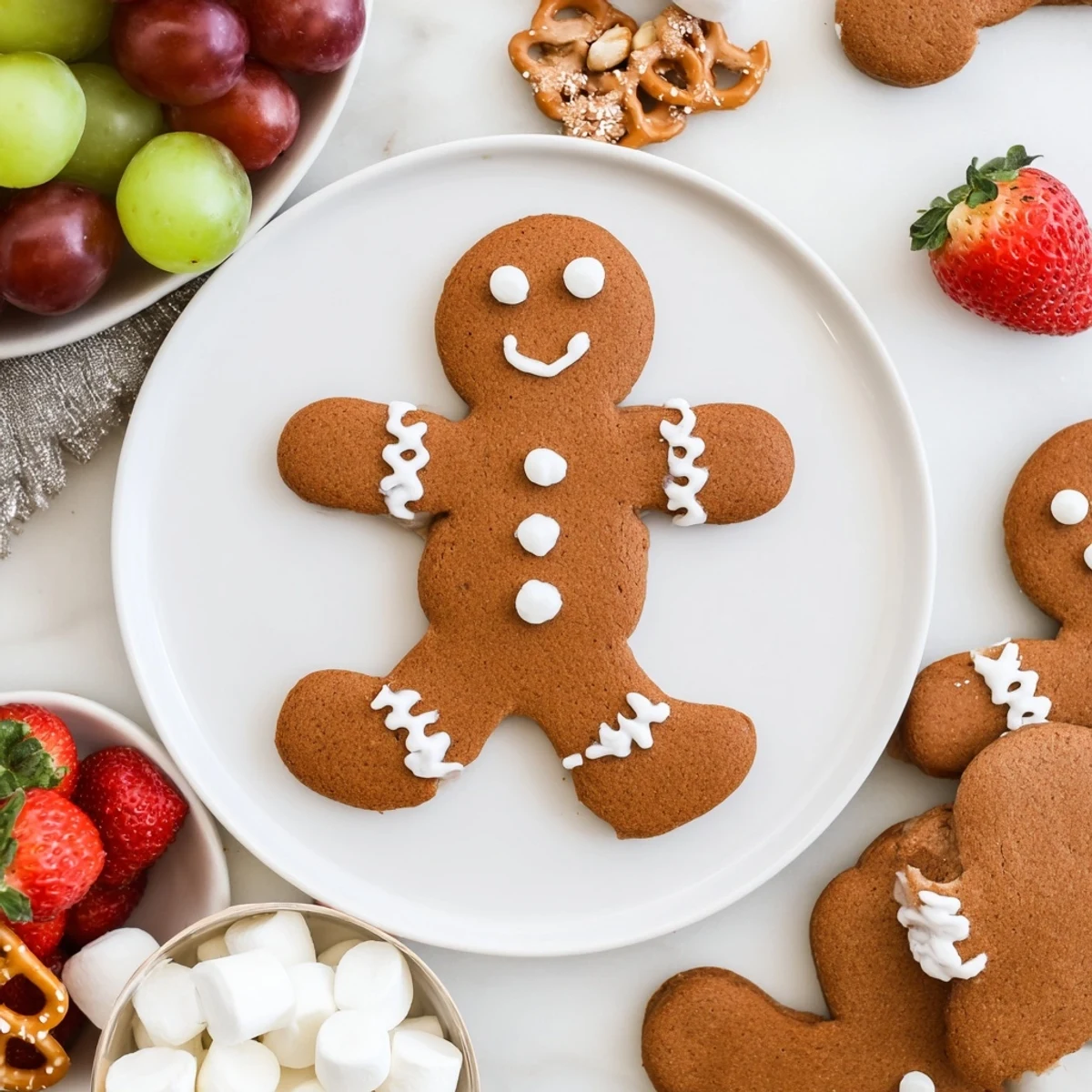 Beautifully arranged gingerbread man cookie board showcases a variety of textures and festive flavors.