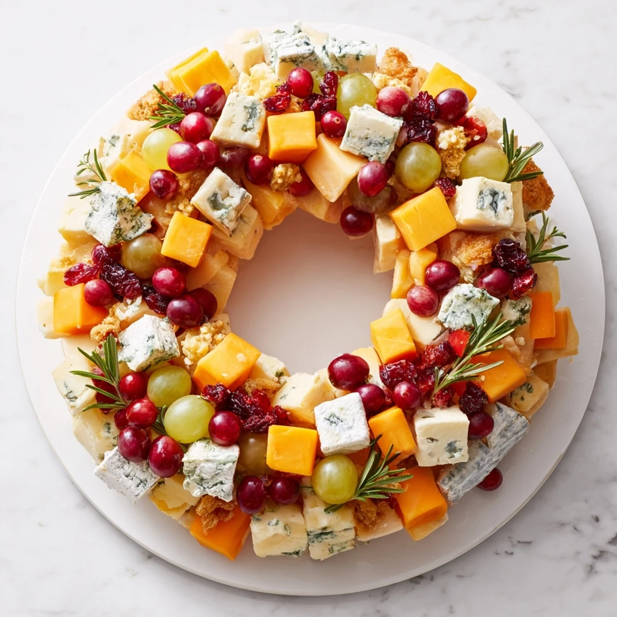 Festive Holiday Wreath Cheese Ring adorned with colorful fruits and herbs, perfect for a holiday appetizer.
