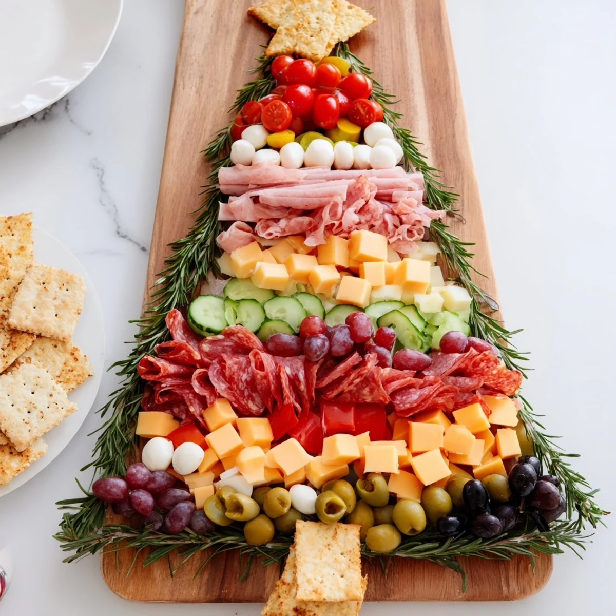 Beautiful Christmas Tree Charcuterie Board brimming with meats, cheeses, and fresh seasonal fruits.