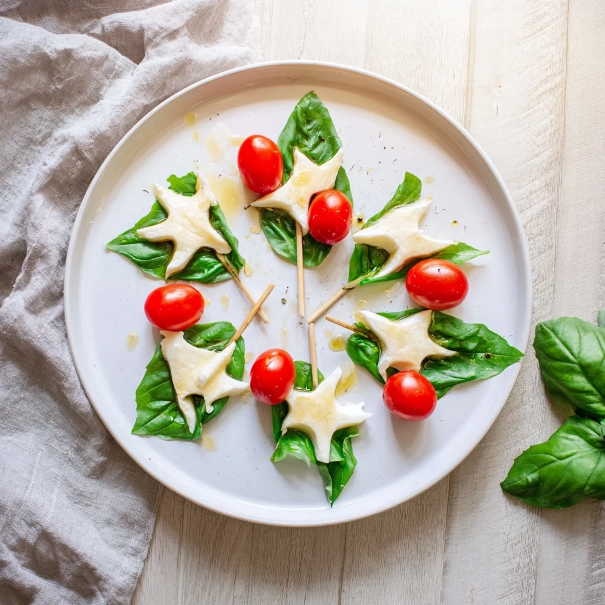 Elegant Caprese skewers, star-shaped mozzarella, vibrant red tomatoes, perfect appetizer for celebrations.