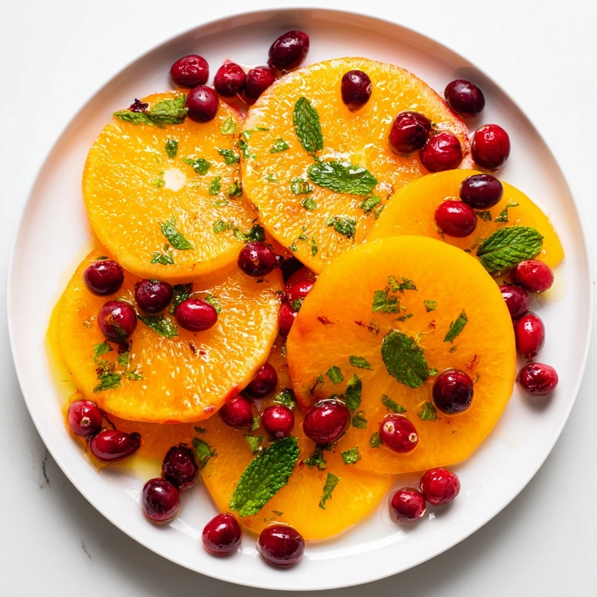Bright winter fruit salad with vibrant orange slices and cranberries, ready to serve.