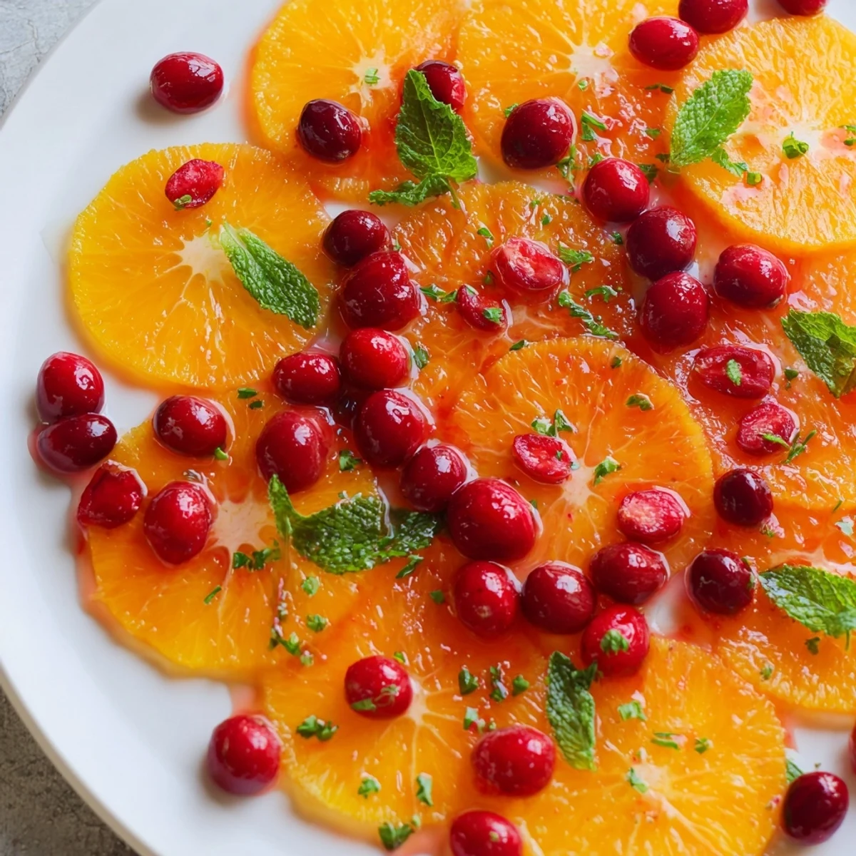 Fresh orange slices and cranberries scattered, a beautiful Winter Fruit salad, perfect side dish.