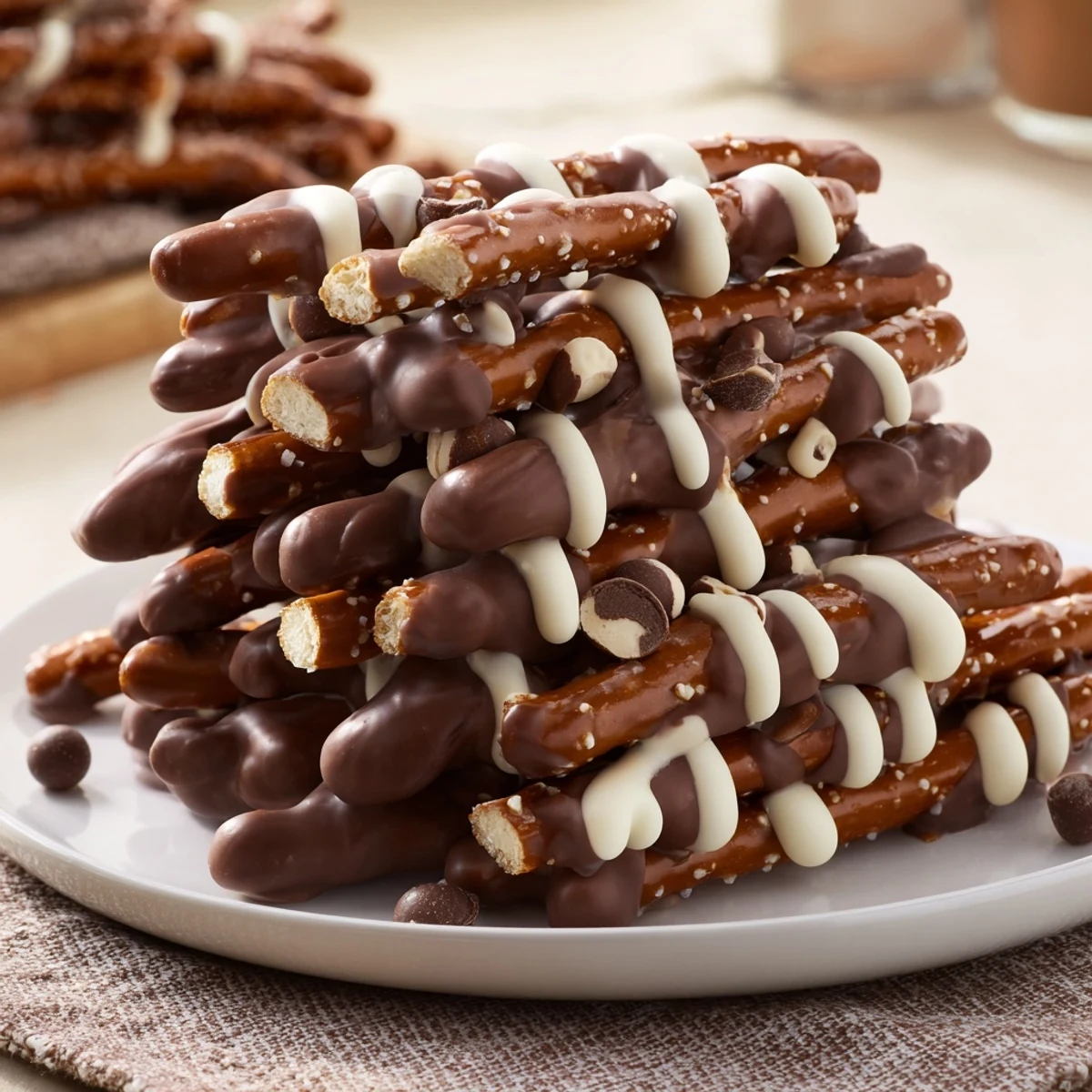Crispy chocolate covered pretzel stick stacks, drizzled with white chocolate and ready to eat.