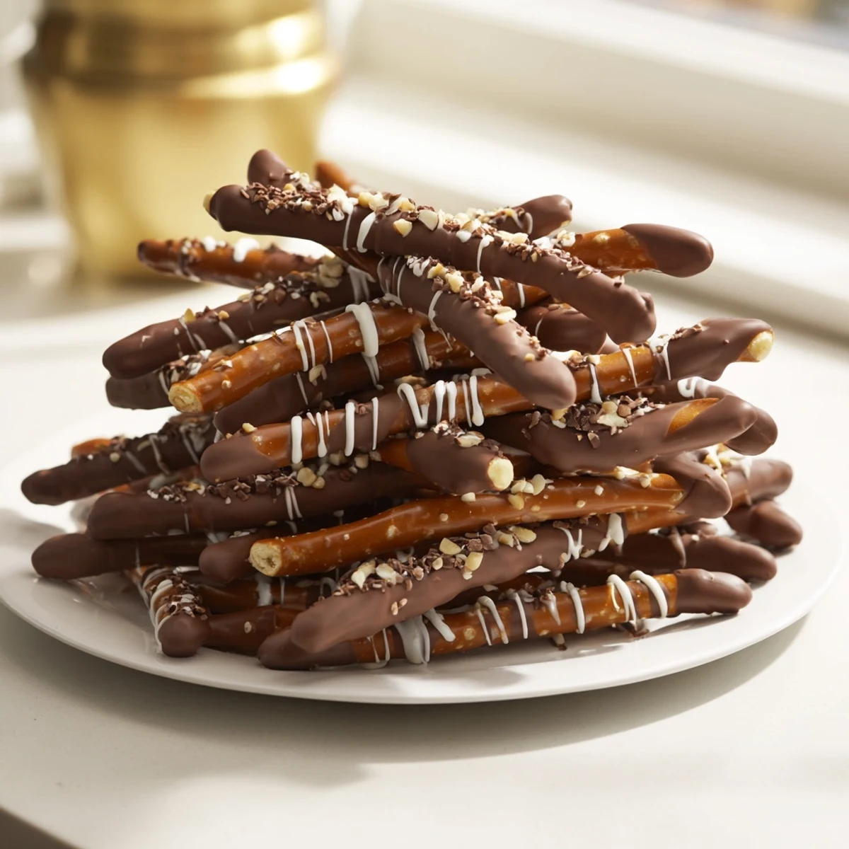 Indulge in a homemade chocolate covered pretzel stick stack, a simple but delicious dessert.