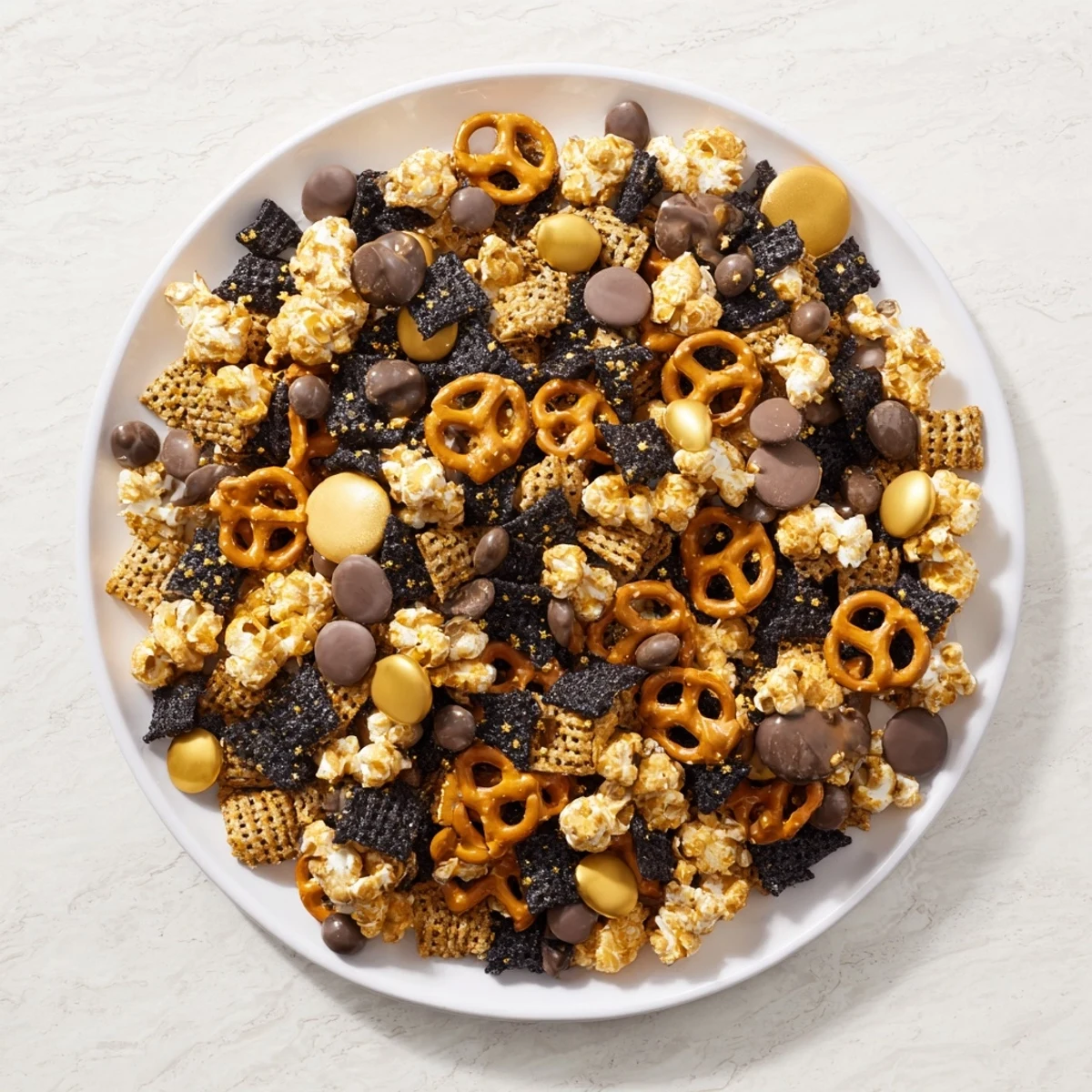 Close-up view of golden sprinkles adorning a bowl of Gold and Black Midnight Snack Mix.