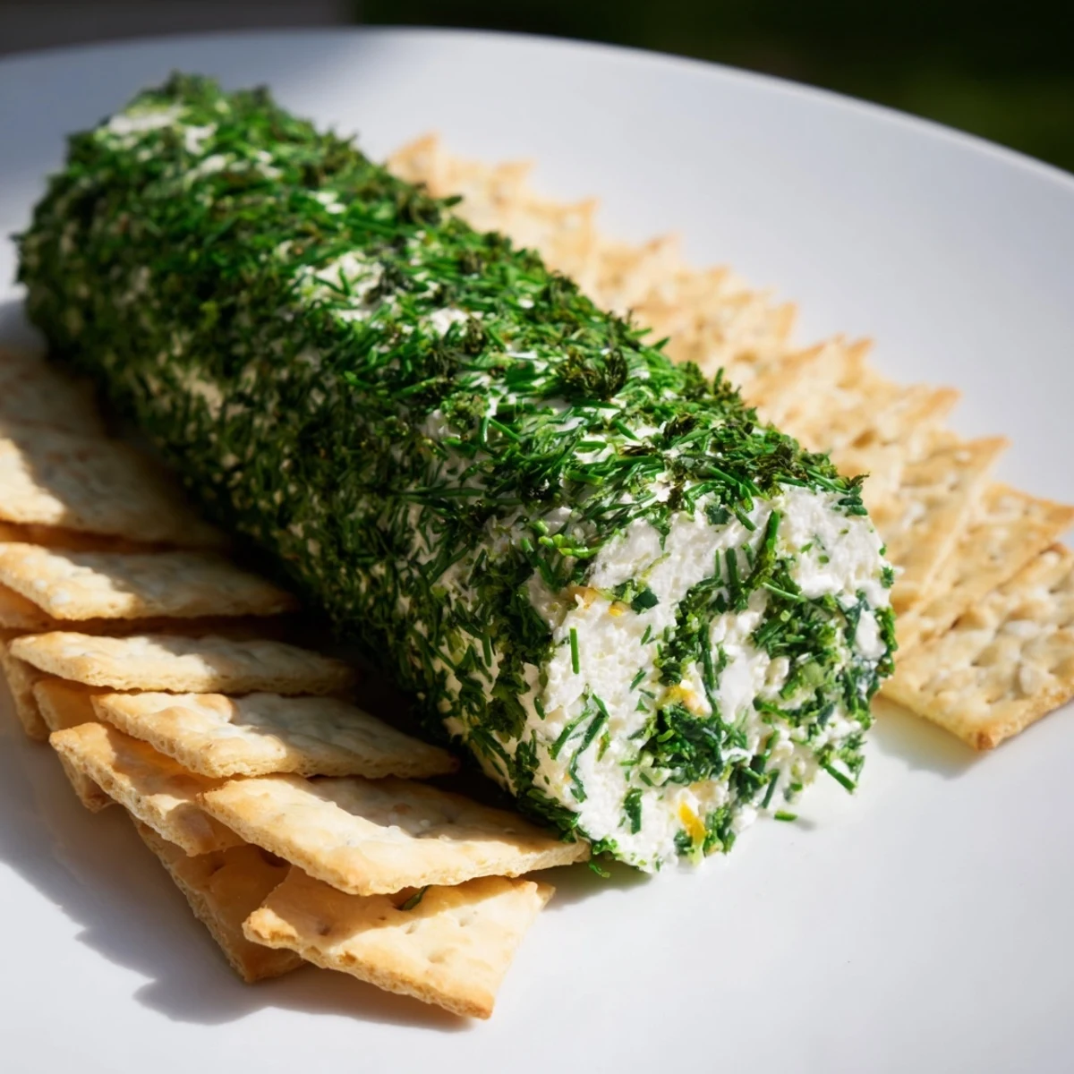 Herb-Coated Cheese Log with vibrant green herbs and a ring of tasty, assorted crackers.