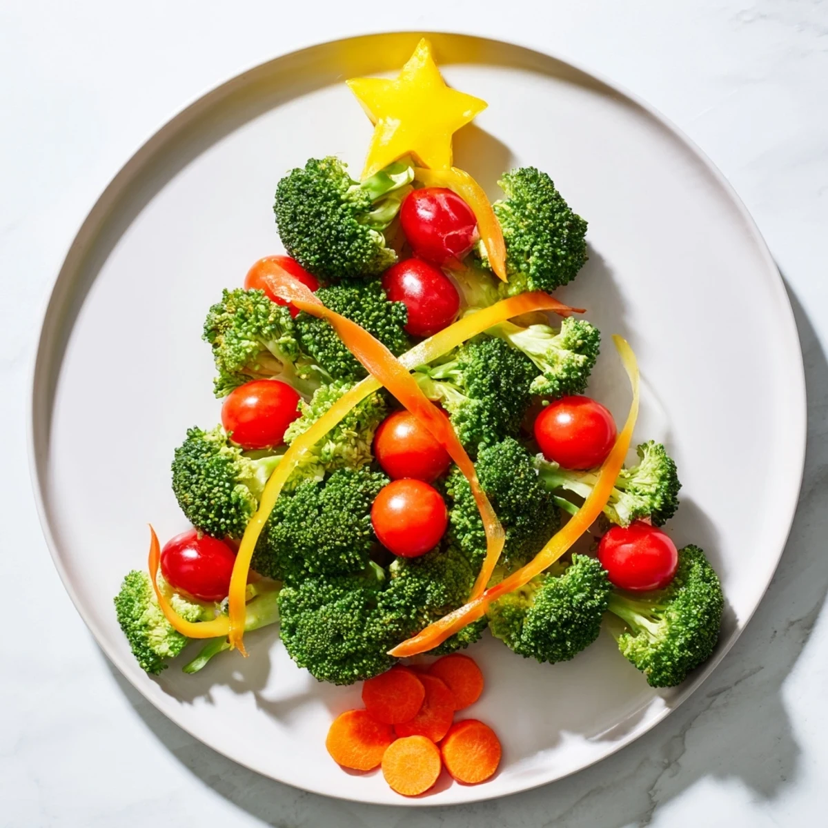 Vibrant Broccoli Tree with Cherry Tomato ornaments, ready to snack on for your holiday party.