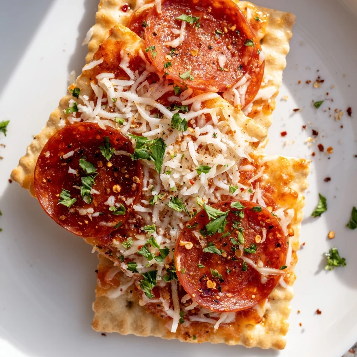 Crispy pepperoni and melted cheese atop crackers in a photo of savory bites appetizers.