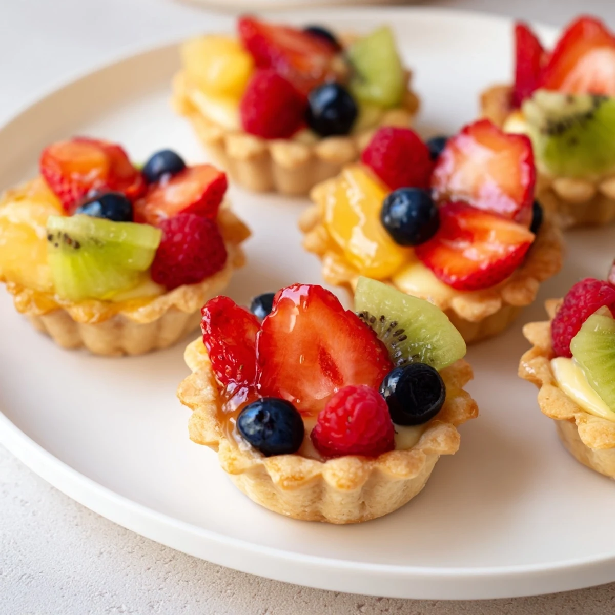 Golden-baked mini fruit tartlets, encircled beautifully with colorful berries and kiwi for a delightful dessert.