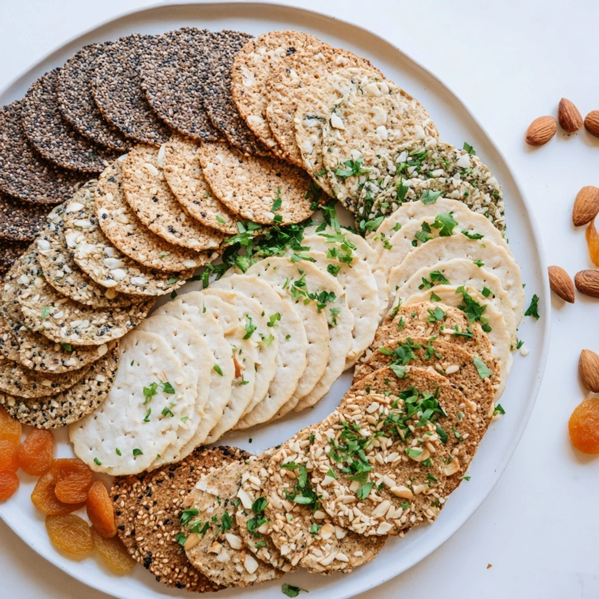 Artfully fanned gourmet crackers: A variety of crisp crackers ready for your cheese board delights.