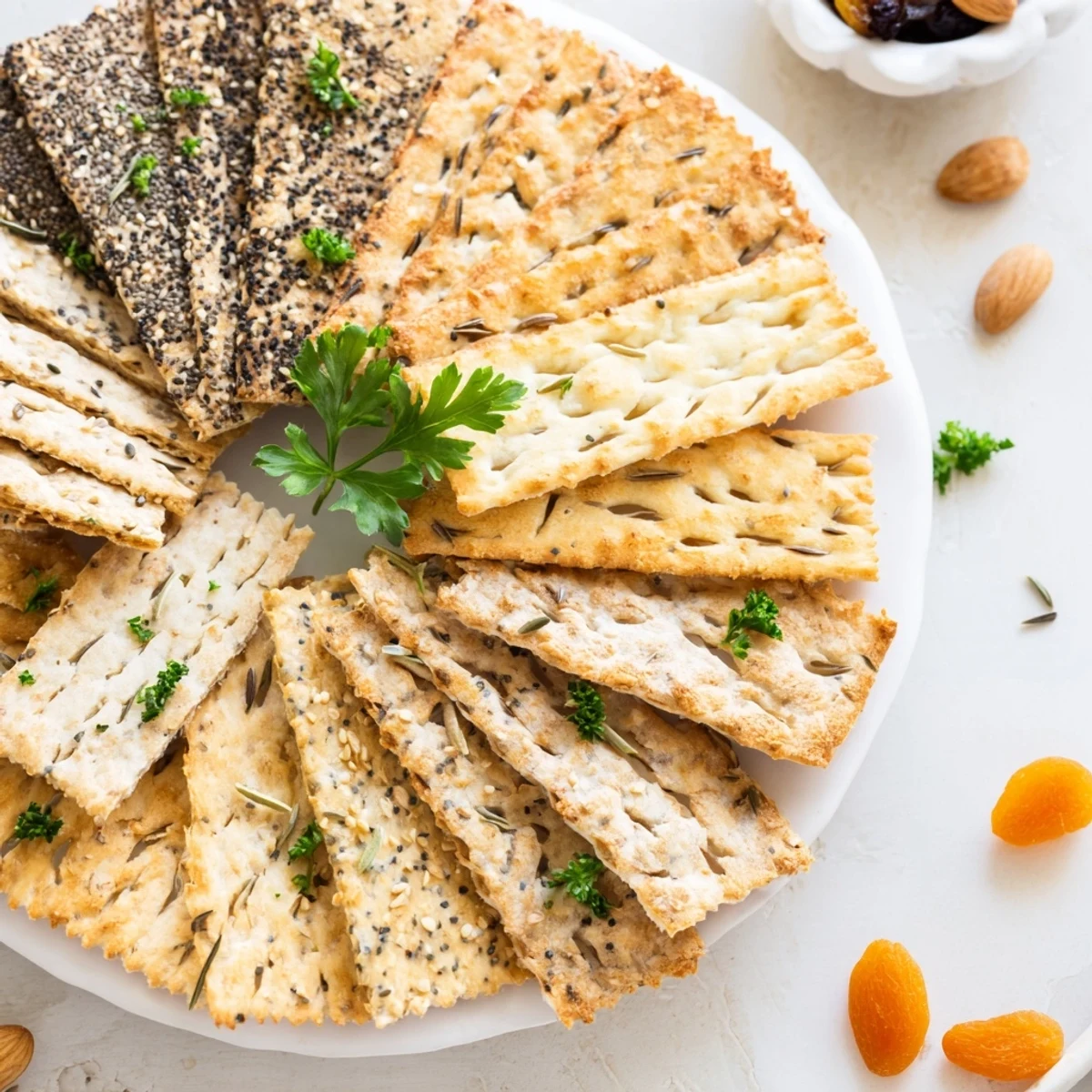 Close-up of assorted gourmet crackers: See the colorful textures; a fantastic addition to dips and cheese boards.