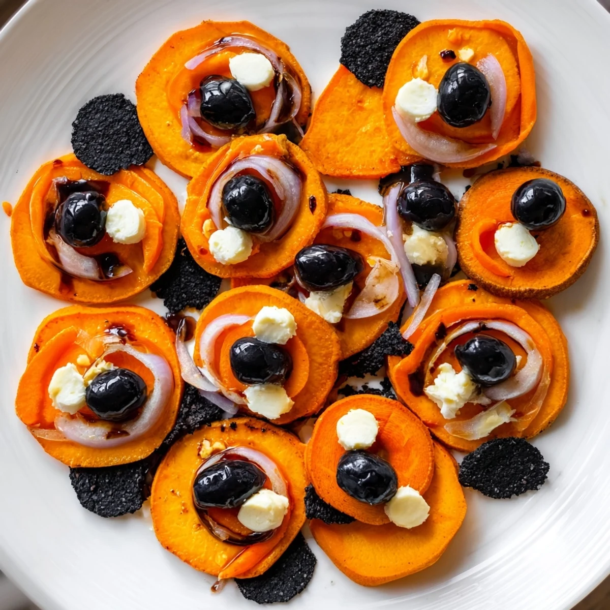 Roasted sweet potato and carrot Monarch Butterfly Wings appetizer, vividly arranged on a platter.