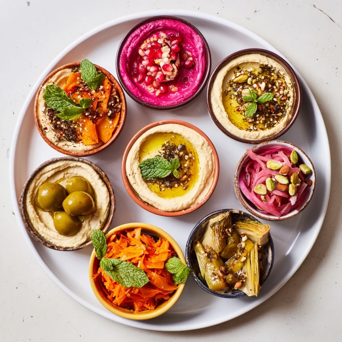 Colorful Moroccan Tile Mosaic appetizer platter, filled with dips, olives, and toasted bread for sharing.