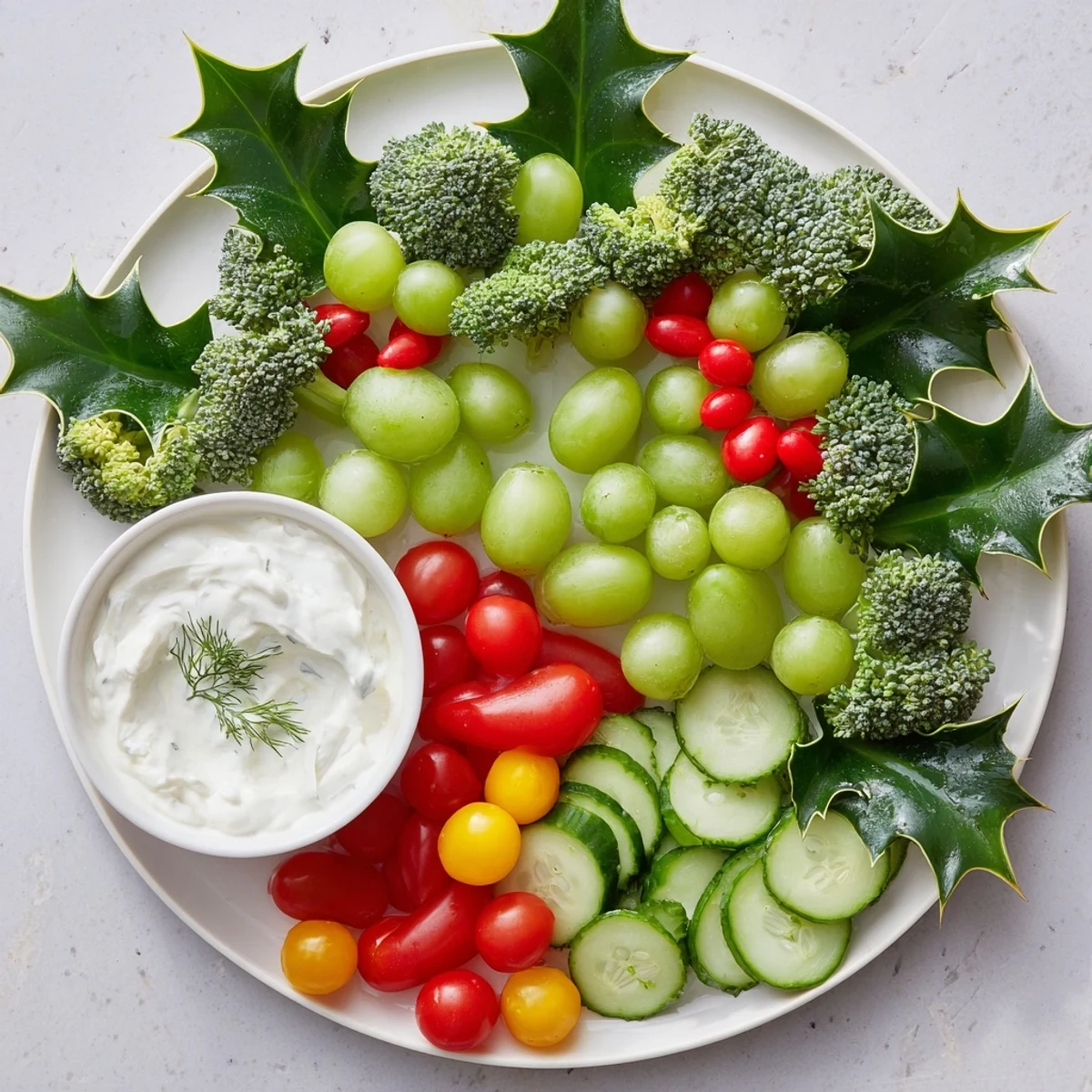 Festive Holly Leaf Veggie Board: A vibrant holiday appetizer featuring fresh, colorful vegetables artfully arranged.