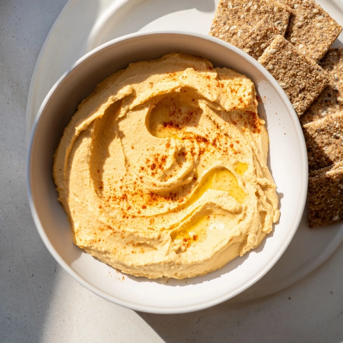 Mediterranean Sandstone Canyon appetizer: textured layers of hummus and crackers with fresh parsley and lemon wedges.