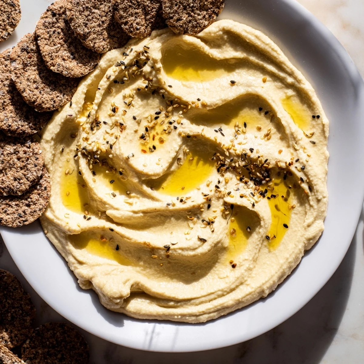 Sandstone Canyon appetizer: creamy hummus layered with crackers, garnished for a feast's picturesque serving.