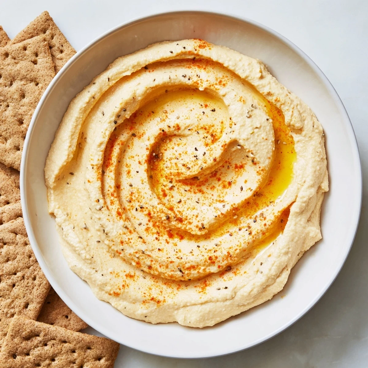 Enjoy a visual feast serving the Sandstone Canyon appetizer: savory hummus mountains nestled with crispy crackers.