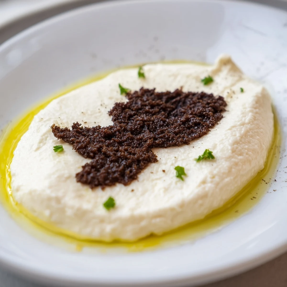 Elegant The Victorian Cameo appetizer showcases a creamy cheese base adorned with rich, dark olive tapenade.