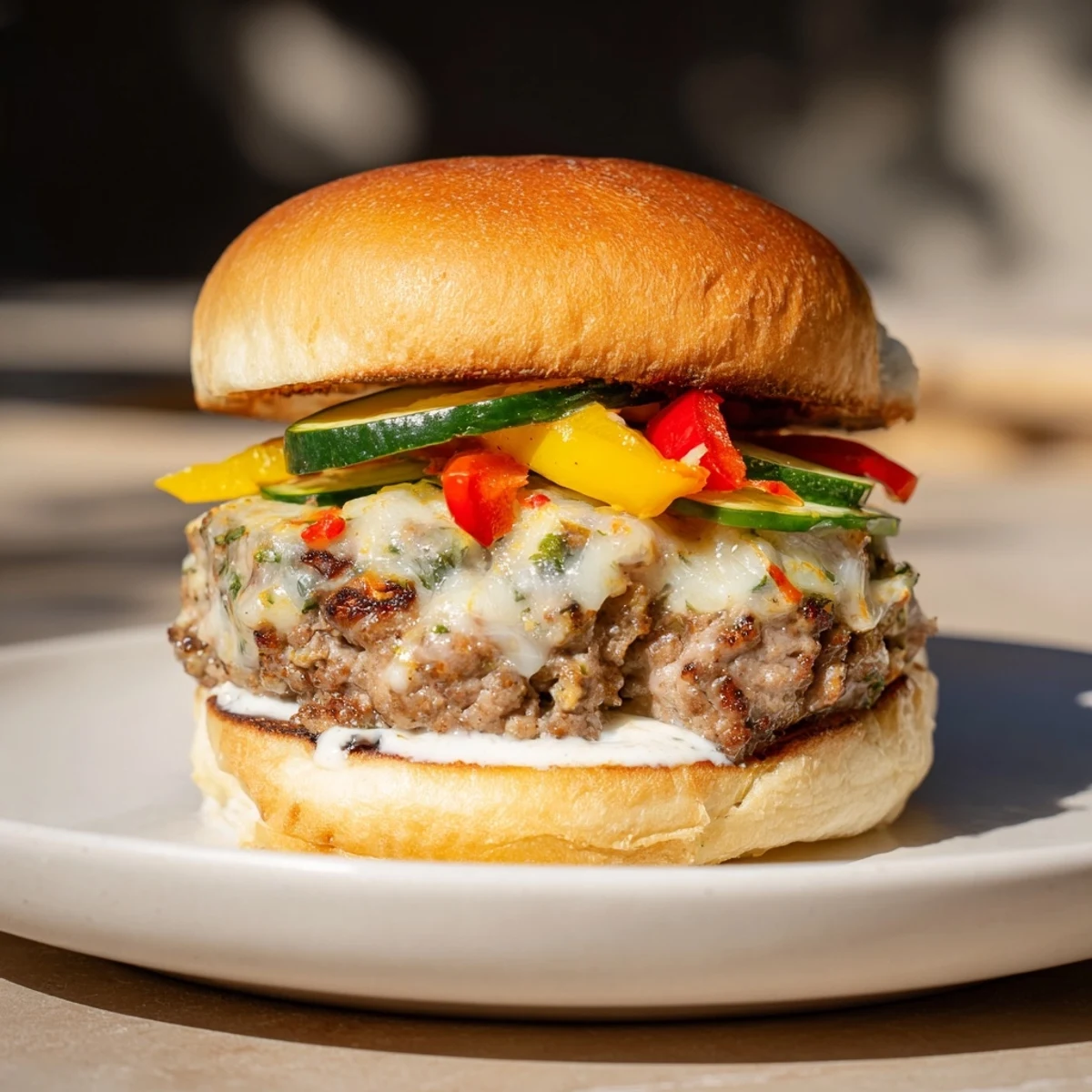 Grilled Fire & Ice Burger on a toasted bun, with vibrant red pepper and cooling dill yogurt.