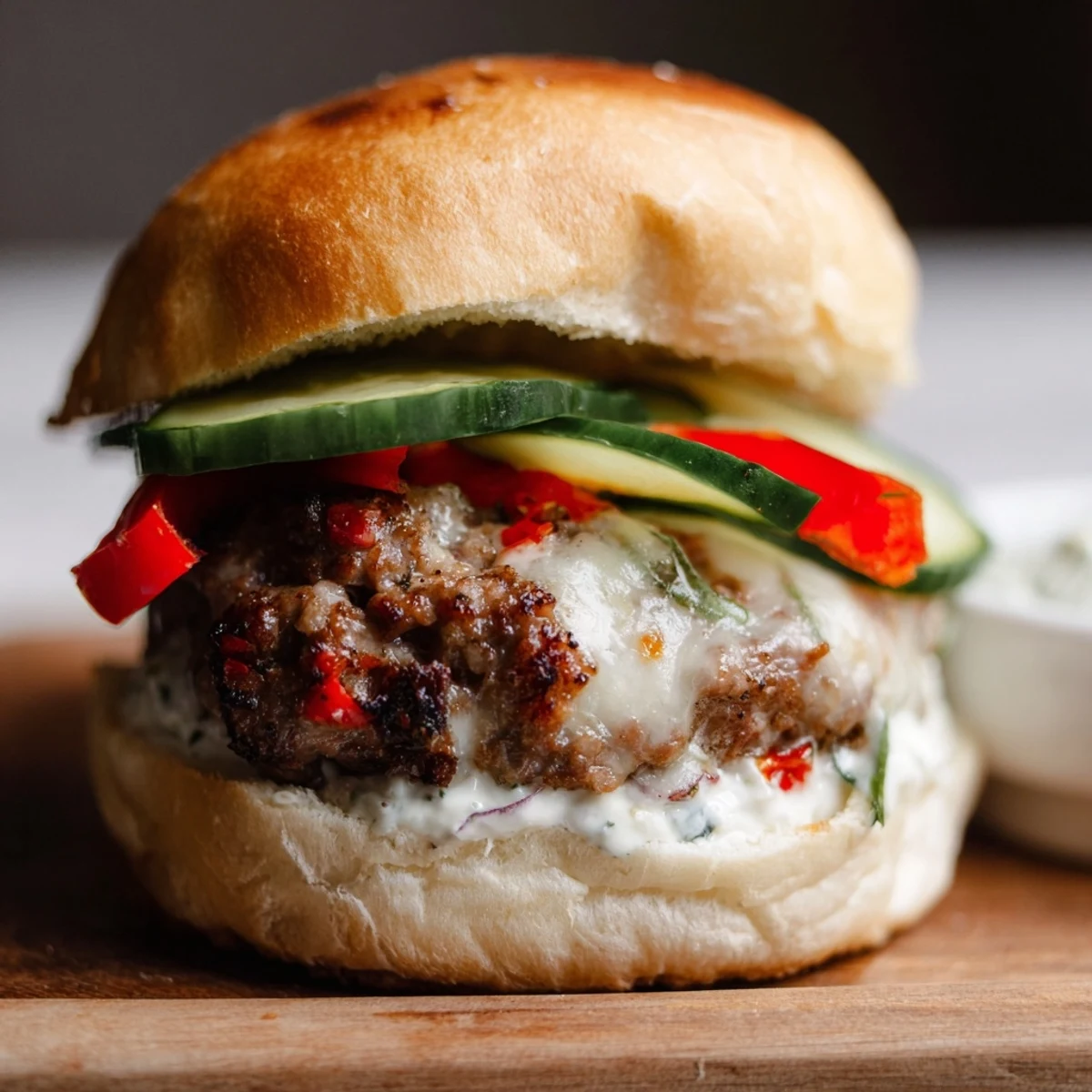 Close-up of a flavorful Fire & Ice Burger; ground beef, melty cheese and fresh toppings.