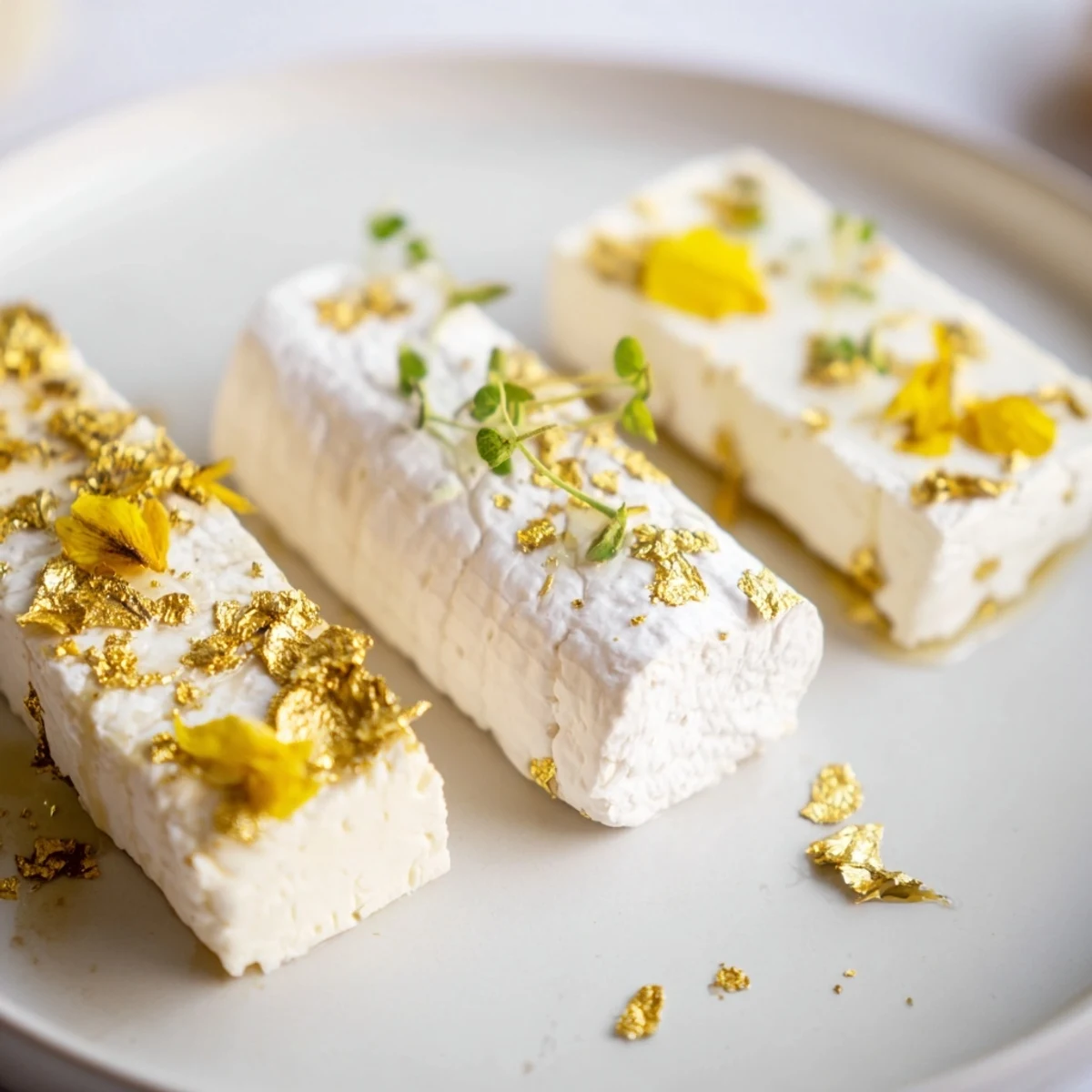 Luxurious Gilded Lily cheese platter, creamy cheeses adorned with edible gold leaf and yellow flower petals.