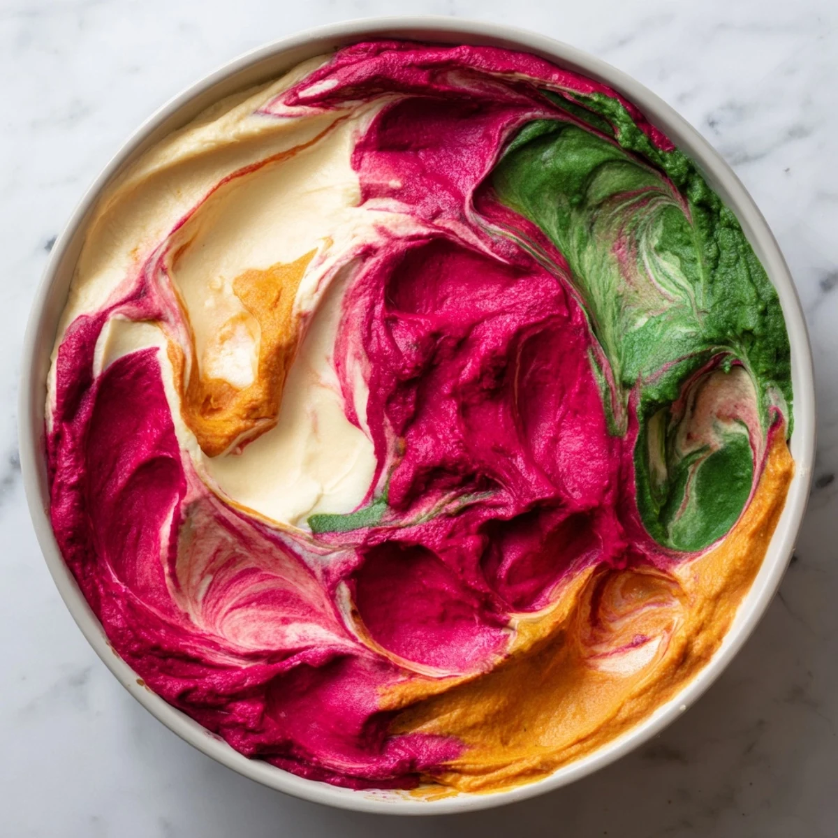 Marble swirl dip appetizer with vibrant dips swirled into a visually stunning, edible masterpiece.