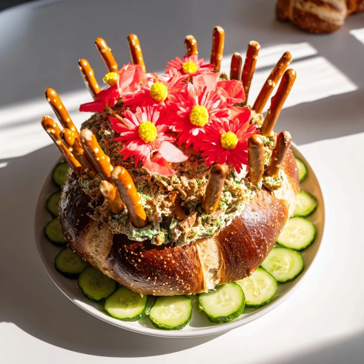 A vibrant Desert Cactus Bloom appetizer shows cream cheese covering the bread, ready for edible details.