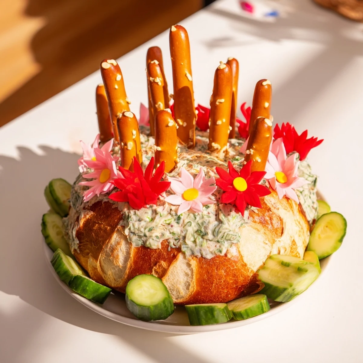 Savory pretzel "needles" decorate the striking Desert Cactus Bloom, an imaginative, artistic appetizer.