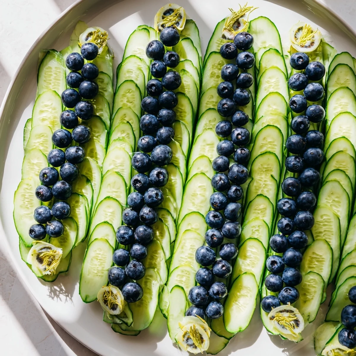 Vibrant Peacock Tail appetizer: cool cucumber and grape fan, radish eye details, ready to serve with a dip.