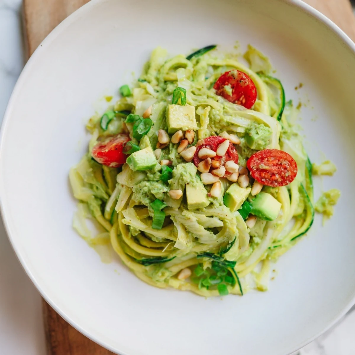 Creamy Green Goddess Zoodle Pasta: vibrant dish showcasing tender zucchini noodles coated in luscious sauce.