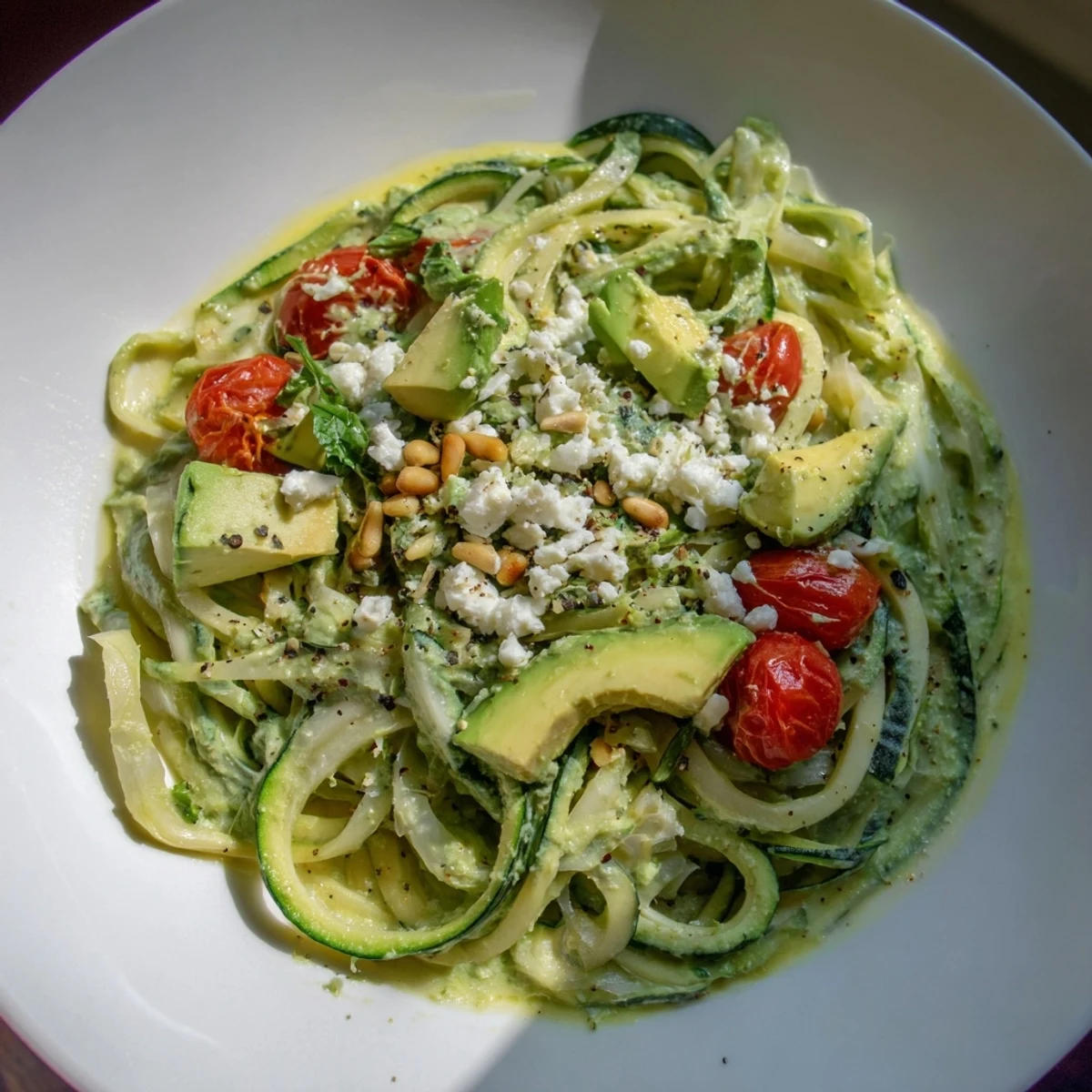 Green Goddess Zoodle Pasta with fresh tomatoes and avocado, a light and flavorful low-carb meal.