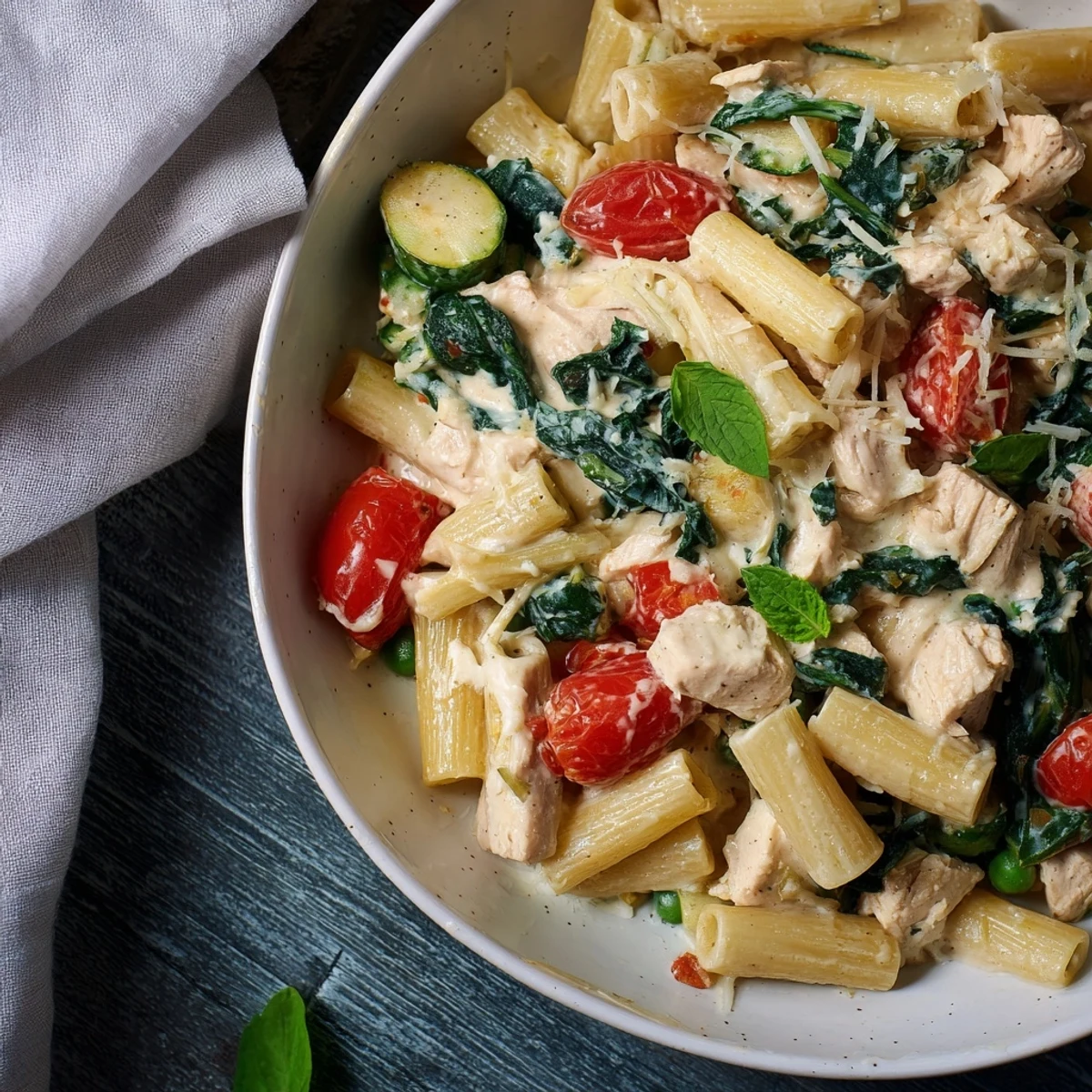 Steaming hot The Last Bite Chicken Pasta with colorful vegetables, ready to serve with Parmesan.