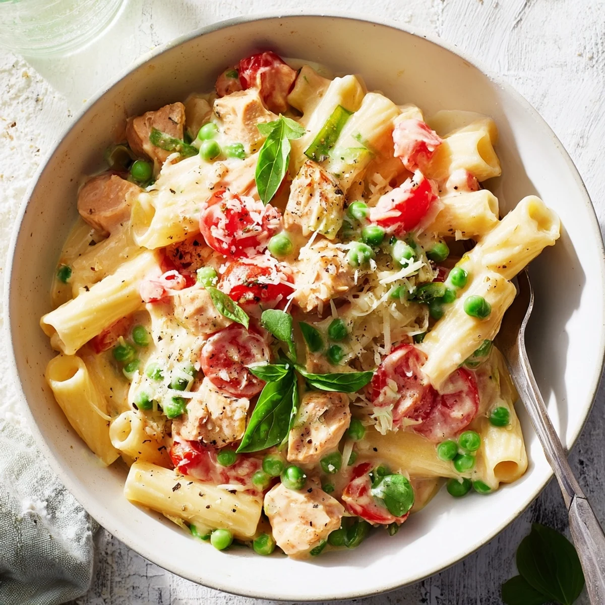 A creamy skillet of The Last Bite Chicken Pasta, with rich sauce and a sprinkle of fresh herbs.