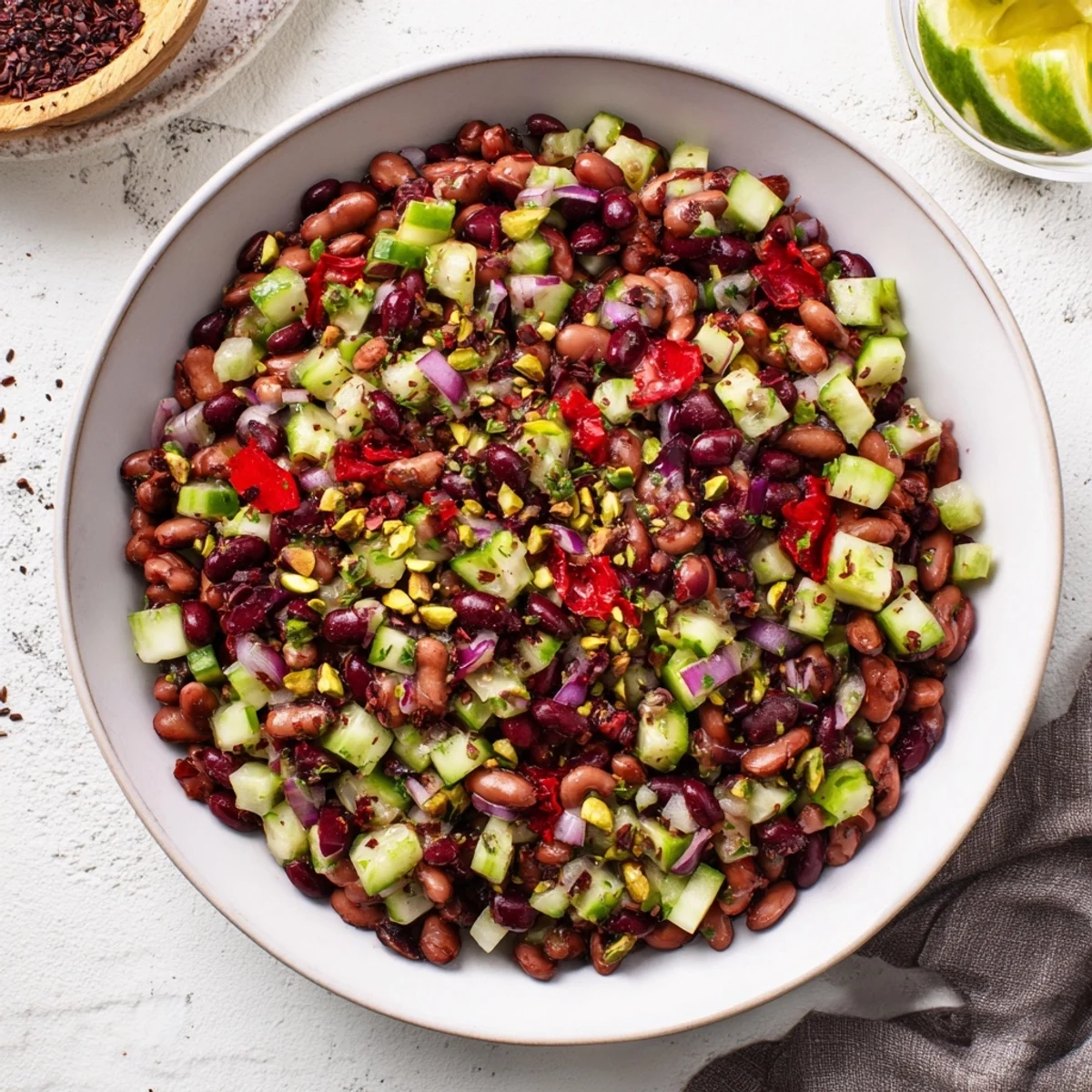 Close up of a delicious Dense Bean Salad with Dubai Chocolate Notes, perfect for a fresh lunch experience.