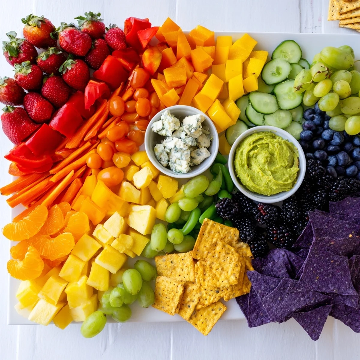 Rainbow Pride Spectrum grazing board overflowing with colorful fruits and vegetables, a festive appetizer.