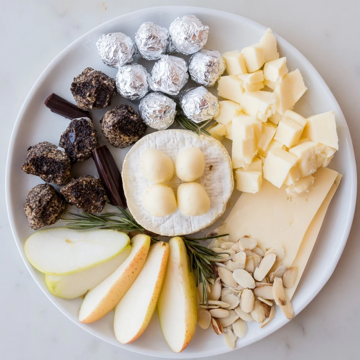 Elegant cheese and chocolate board: a silver screen of truffle brie, chocolates, and crackers.