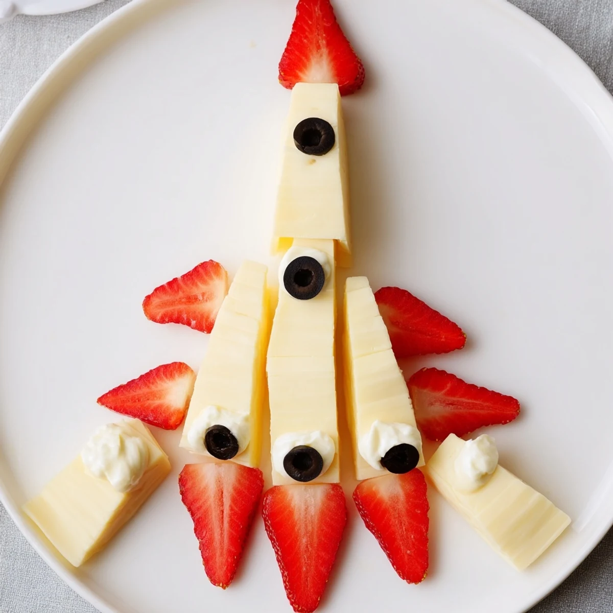Image of a creative Retro Rocket snack platter; cheddar cheese body with vibrant strawberry flames.