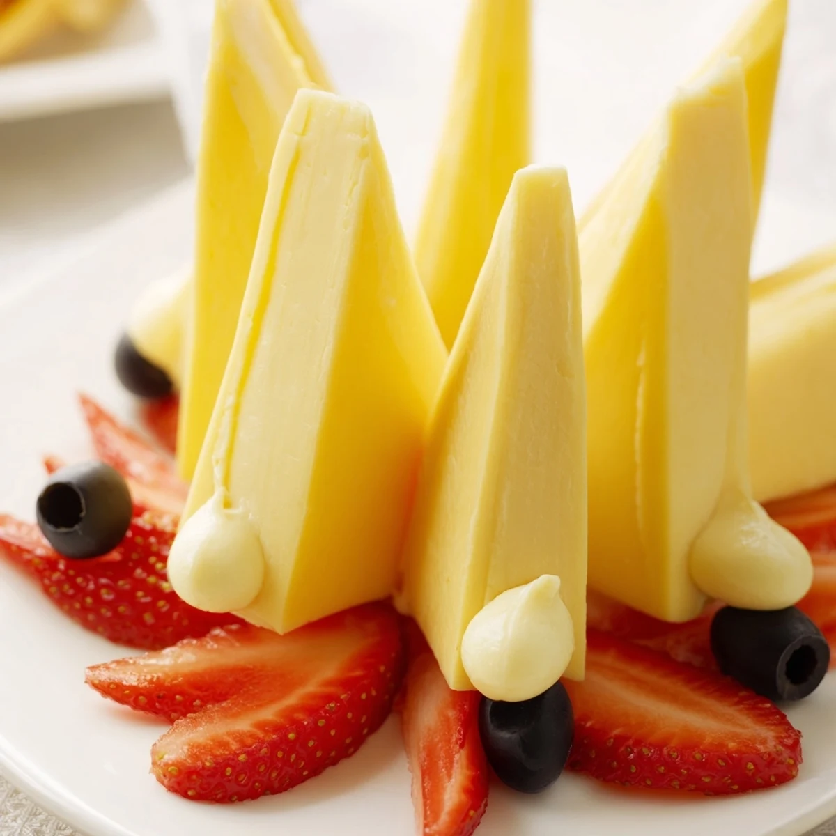 Eye-catching Retro Rocket: sharp cheese wedges built as a rocket, strawberry flames ready to devour.