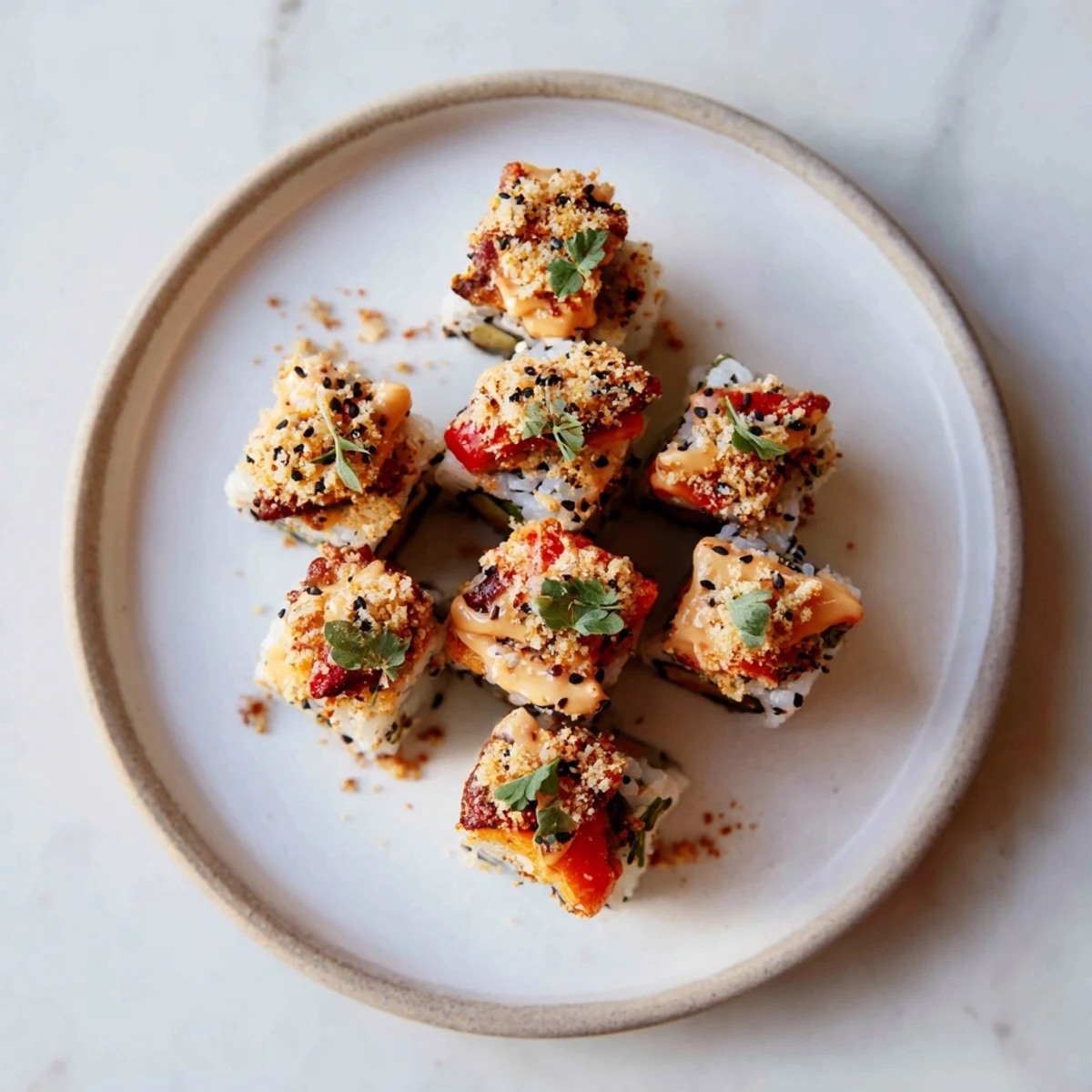 Imagine tiny muffin tin treasures: baked Marry Me Chicken Sushi Bake Cups with a crispy, golden topping.