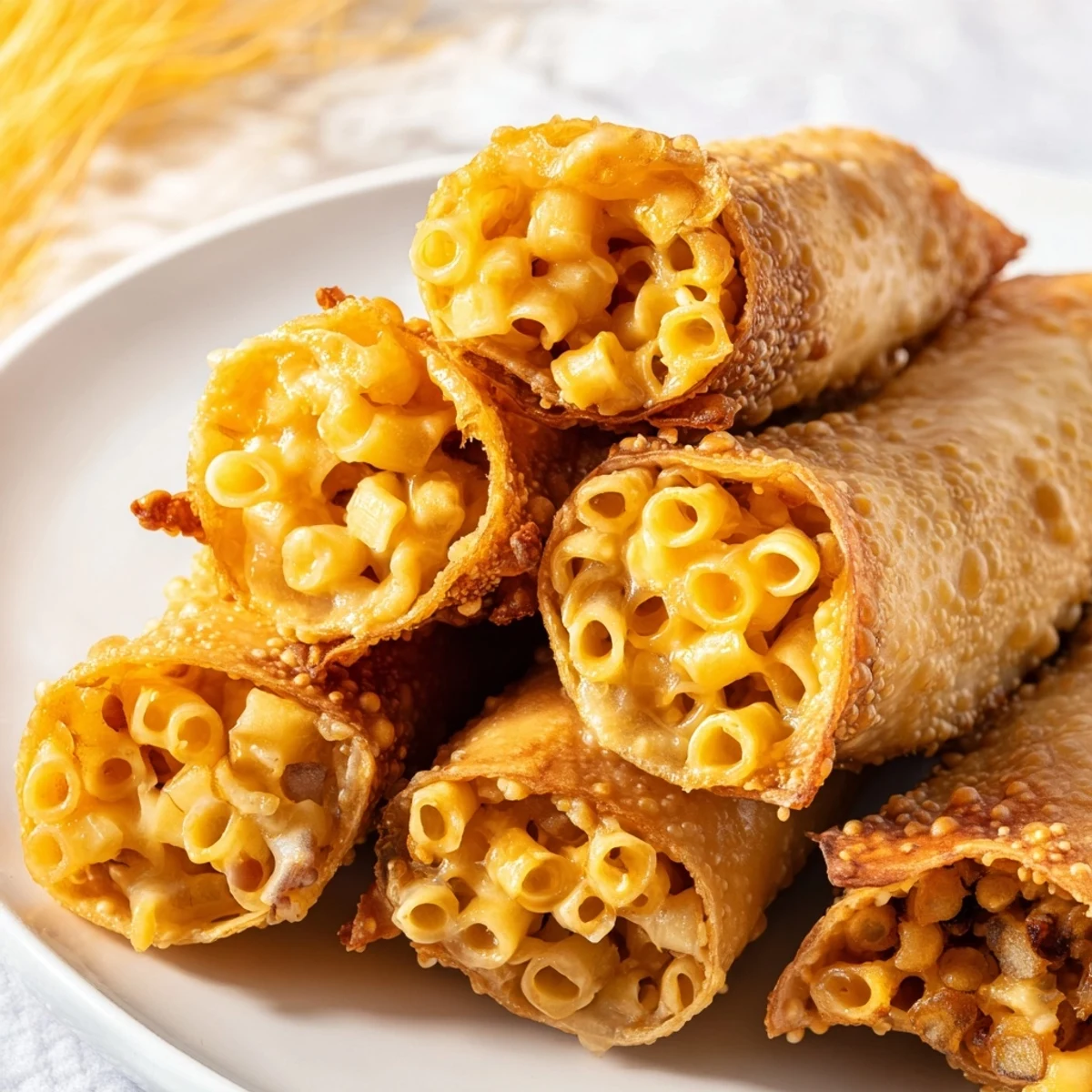 Golden, crispy Tinis Mac and Cheese Lumpia Rolls, a fun appetizer with gooey, cheesy filling.