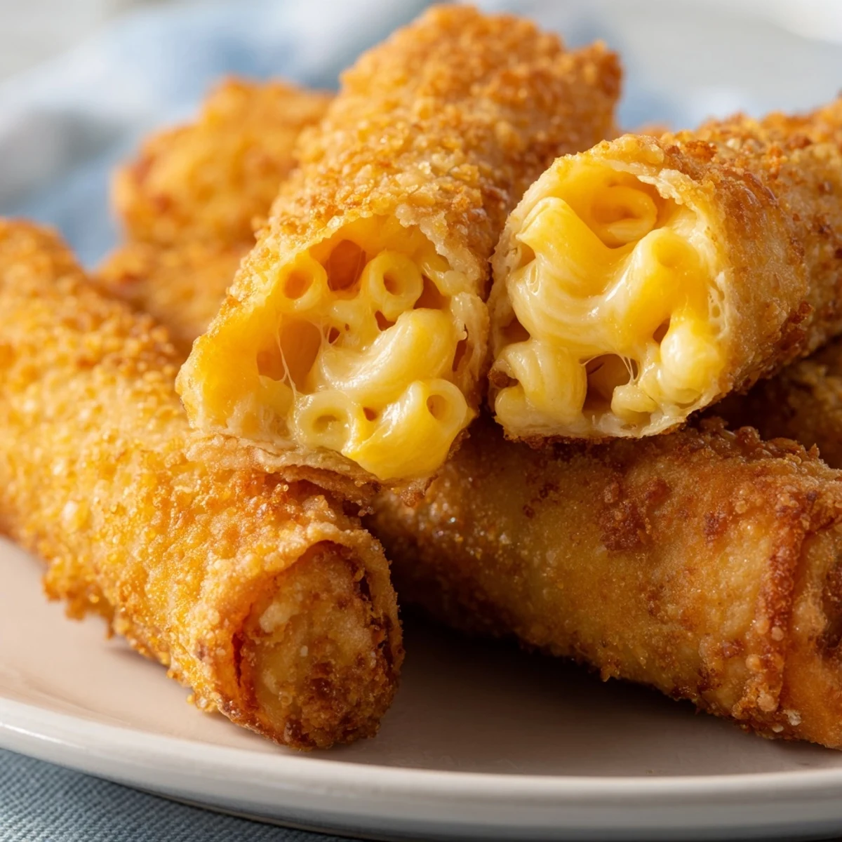 Air-fried Tinis Mac and Cheese Lumpia Rolls, boasting a delightful crunch served hot with dipping sauces.