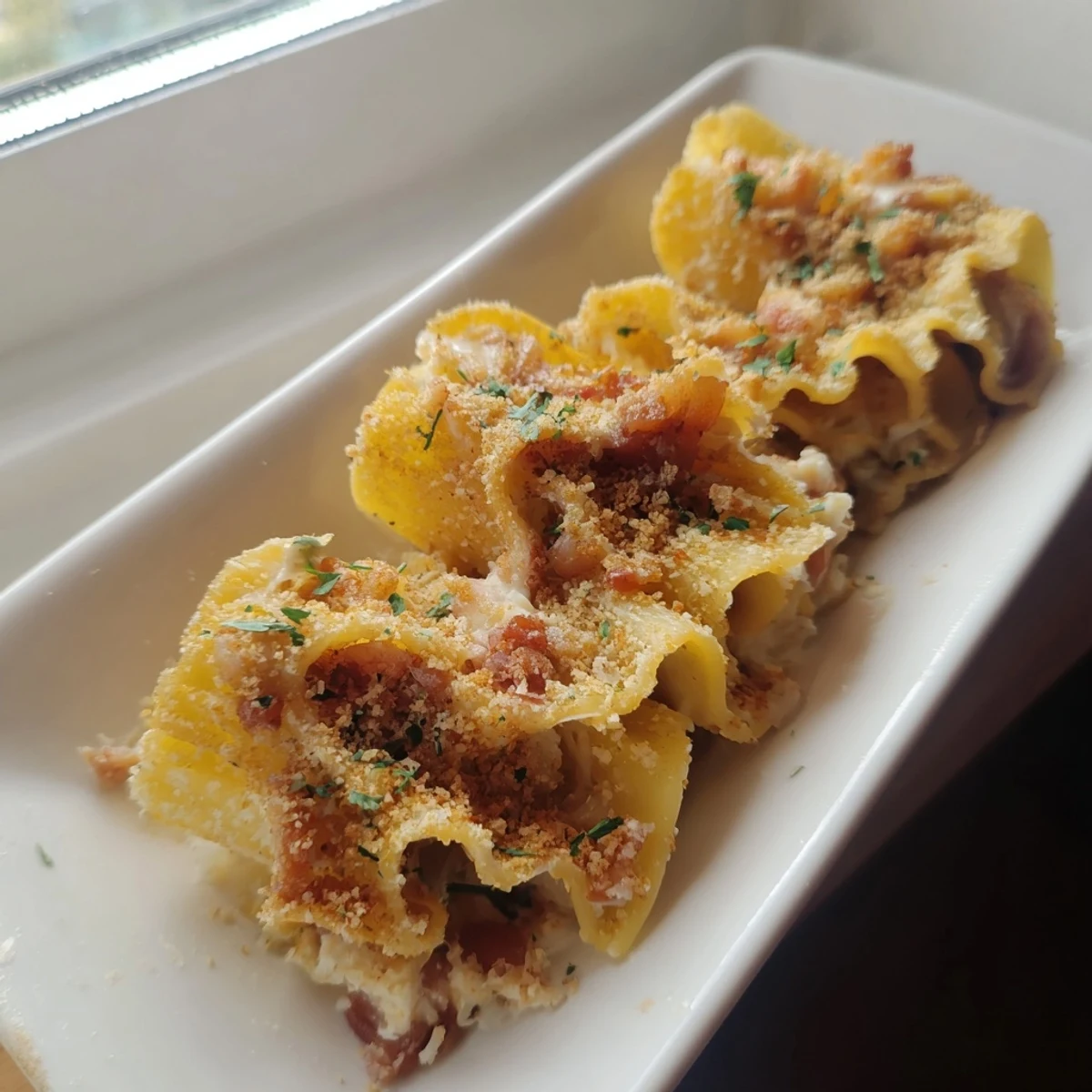 A baked, layered Chicken and Pasta Crinkle Cake, showing a cross-section of flaky, golden phyllo and hearty filling.